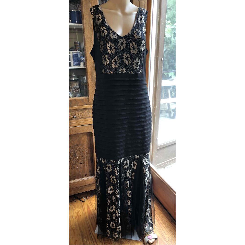 Candolite Black Gold Lace Overlay Maxi Evening Dress Trumpet Hem  Large - Picture 3 of 15